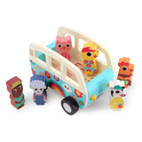 Wooden toy van with colorful rainbow graphics and six animal figures including a pig, duck, sheep, and cow.