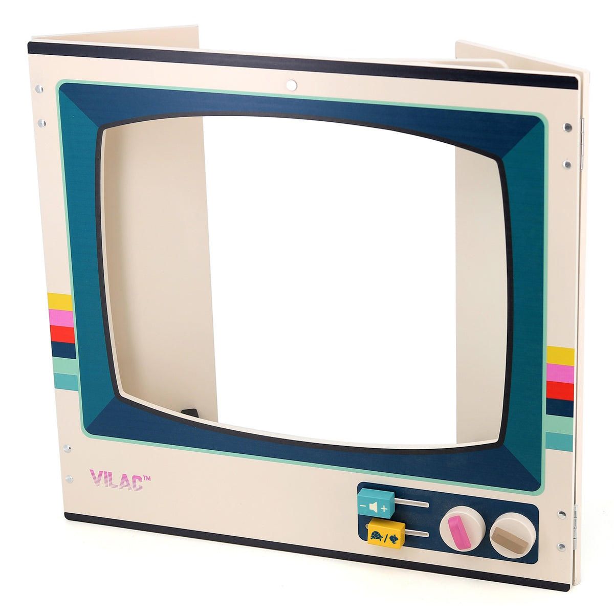 Vilac vintage wooden toy TV with cutout screen and knobs, folded side panels.