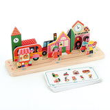 Vilac wooden city puzzle game with figures, buildings, and challenge cards on a white background.