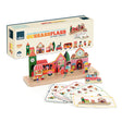 Vilac Oussassplass The City logic game with wooden pieces, game cards, and packaging box.