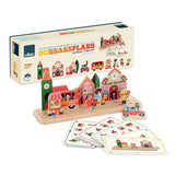 Vilac Oussassplass The City logic game with wooden pieces, game cards, and packaging box.