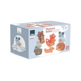 Vilac Maman bebe wooden animal counting and stacking toy packaging box featuring 20 colorful pieces.