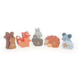 Vilac wooden forest animal stacking toy set with numbered counting blocks for toddlers on white background.
