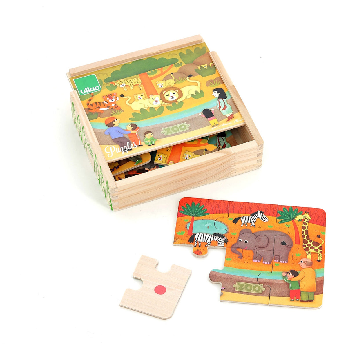 Vilac zoo wooden puzzles for kids in a sliding lid storage box featuring colorful animals like lions and elephants.