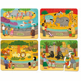 Four colorful Vilac wooden zoo puzzles for toddlers featuring elephants, lions, gorillas, and flamingos with visitors.