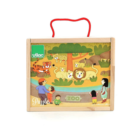 Vilac Zoo Puzzles wooden carrying case featuring colorful animal illustrations of lions, tigers, and leopards for kids.