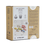 Back of the cardboard packaging box for the Le Toy Van Vintage Toy Cars set.