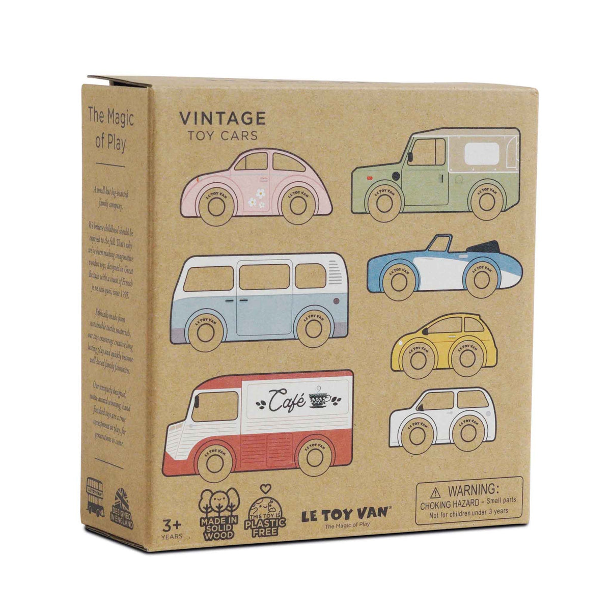 Cardboard packaging box for the Le Toy Van Vintage Toy Cars set.