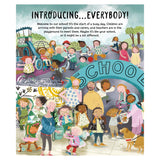 Illustrated children's book page showing a diverse group of families and students arriving at a colorful school playground.