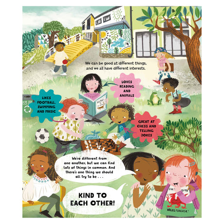 Children's book illustration of diverse kids playing, reading, and playing chess. Text: "Kind to each other!"