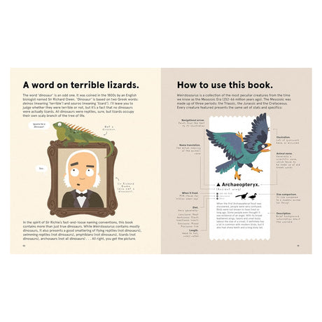 Illustrated kids dinosaur book layout with a portrait of Sir Richard Owen and an Archaeopteryx diagram.