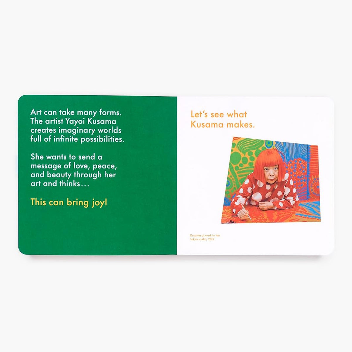 Book spread with text introducing Yayoi Kusama and a photo of her in a polka-dot shirt painting.