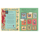 A two-page illustrated spread introduces Blaze, a cheerful red dragon, on the left. The right page displays whimsical portraits of Dragon Castle's residents, like The Knight and The Wizard. The tone is playful and inviting, with intricate borders and colorful frames.