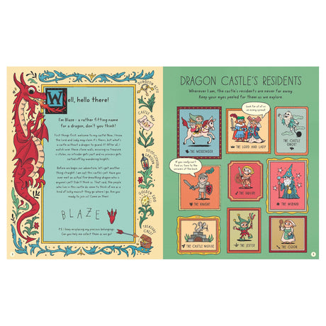 A two-page illustrated spread introduces Blaze, a cheerful red dragon, on the left. The right page displays whimsical portraits of Dragon Castle's residents, like The Knight and The Wizard. The tone is playful and inviting, with intricate borders and colorful frames.