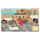 Illustrated scene of a busy medieval castle with a red dragon, diverse workers in colorful outfits doing various jobs, and text describing them humorously.