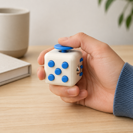 Front view of a hand holding a white plastic multi-sensory fidget cube.