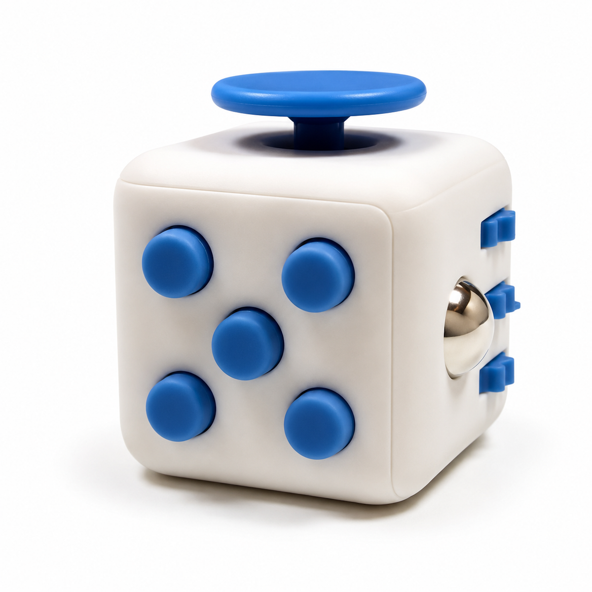 Front view of the white plastic multi-sensory fidget cube with blue buttons and a metal rolling ball.