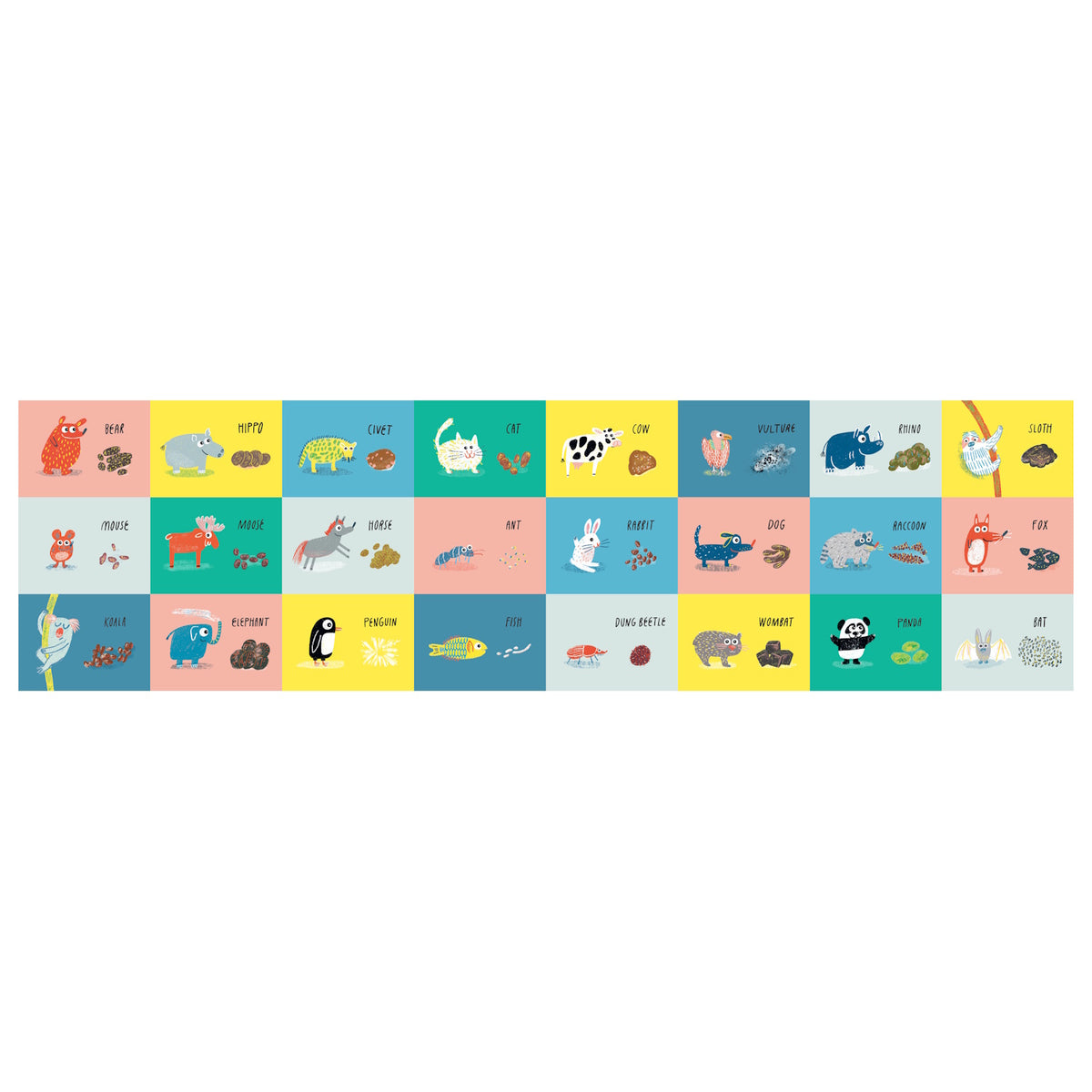 Colorful grid illustration of various animals and their droppings with labels for educational children's content.