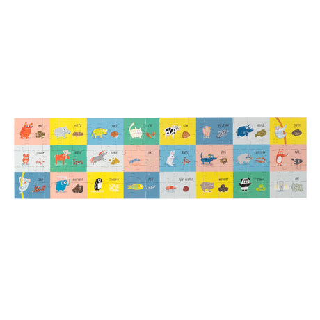 Colorful children's animal jigsaw puzzle featuring various illustrated animals and their names on a rectangular grid.