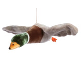 Plush mallard duck toy hanging in a flying position with green head and outstretched wings.