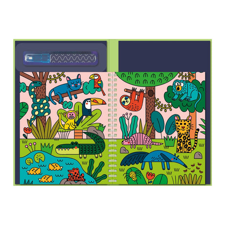 Colorful jungle illustration on a spiral notebook, featuring various animals like a sloth, toucan, and jaguar amidst lush greenery. Playful and vibrant.