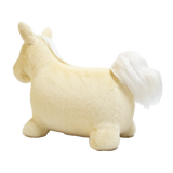 Plush white unicorn bouncy toy for kids featuring a soft furry texture and fluffy tail, side view.