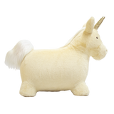 Side profile of a plush white unicorn bouncy hopper toy with a gold horn and fluffy tail on a white background.