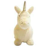 White plush bouncy unicorn toy for kids with a gold horn on a white background.