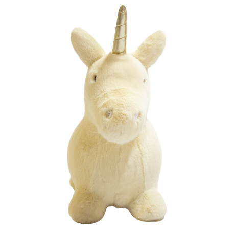 White plush bouncy unicorn toy for kids with a gold horn on a white background.