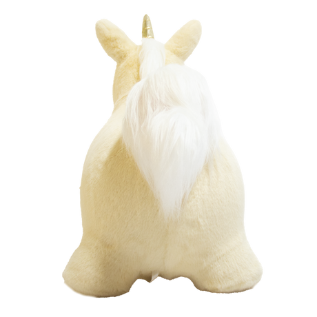 Rear view of a plush cream unicorn bouncy toy for kids with a fluffy white tail on a white background.