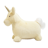 Plush cream unicorn bouncy toy for kids with a gold horn and white fluffy tail on a white background.