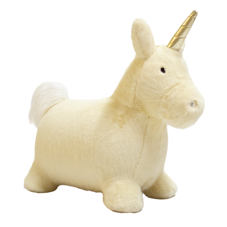 Plush cream unicorn bouncy toy for kids with a gold horn and white tail on a white background.
