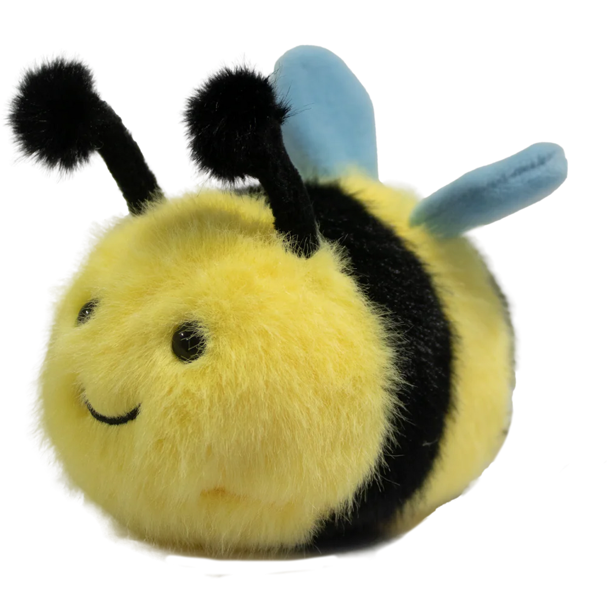 Cute plush bee toy with a fuzzy yellow and black body, smiling face, black antennae, and blue wings, set against a white background.