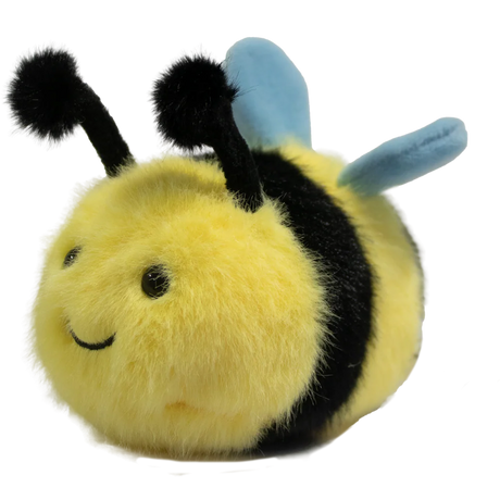 Cute plush bee toy with a fuzzy yellow and black body, smiling face, black antennae, and blue wings, set against a white background.