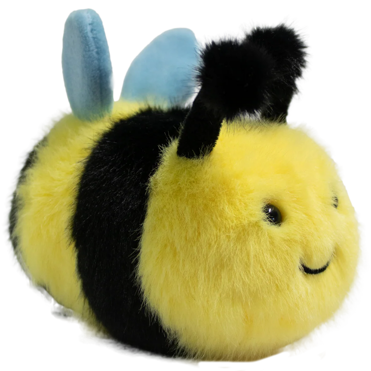 Cute plush bee toy with a fuzzy yellow and black body, smiling face, black antennae, and blue wings, set against a white background.