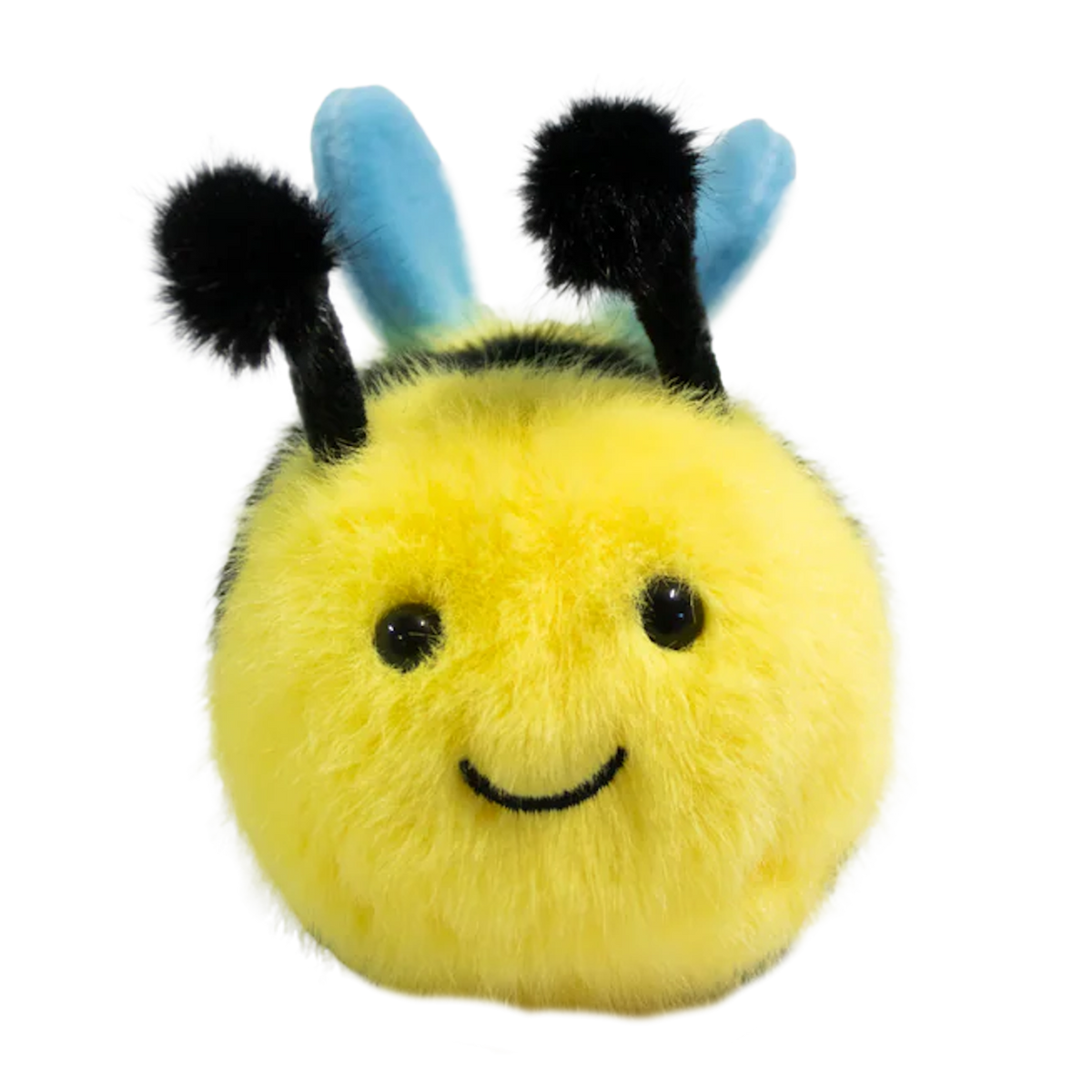 Cute plush bee toy with a fuzzy yellow and black body, smiling face, black antennae, and blue wings, set against a white background.