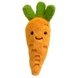 Cute plush carrot with vibrant orange body and fluffy green top. Features a smiling face and small, embroidered details on a white background.
