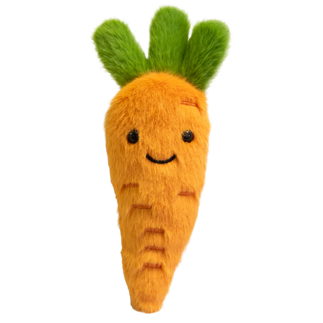 Cute plush carrot with vibrant orange body and fluffy green top. Features a smiling face and small, embroidered details on a white background.