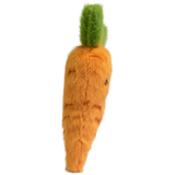 Cute plush carrot with vibrant orange body and fluffy green top. Features a smiling face and small, embroidered details on a white background.