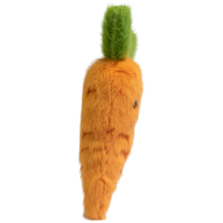 Cute plush carrot with vibrant orange body and fluffy green top. Features a smiling face and small, embroidered details on a white background.
