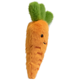 Cute plush carrot with vibrant orange body and fluffy green top. Features a smiling face and small, embroidered details on a white background.