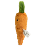 Cute plush carrot with vibrant orange body and fluffy green top. Features a smiling face and small, embroidered details on a white background.