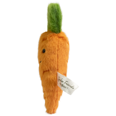 Cute plush carrot with vibrant orange body and fluffy green top. Features a smiling face and small, embroidered details on a white background.