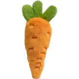Cute plush carrot with vibrant orange body and fluffy green top. Features a smiling face and small, embroidered details on a white background.
