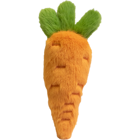 Cute plush carrot with vibrant orange body and fluffy green top. Features a smiling face and small, embroidered details on a white background.