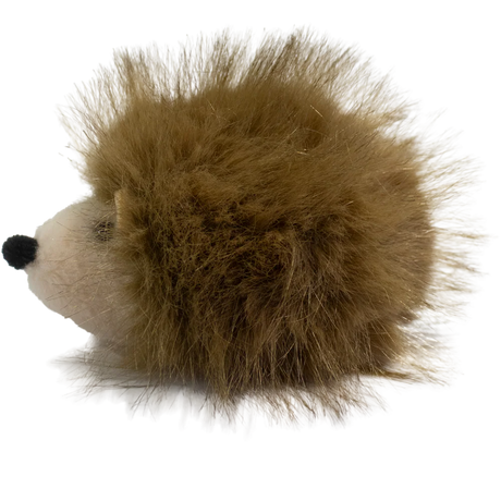 A plush hedgehog toy with a round, white face and soft, brown, spiky fur against a solid white background. The toy is cute and inviting.