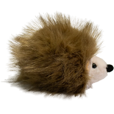 A plush hedgehog toy with a round, white face and soft, brown, spiky fur against a solid white background. The toy is cute and inviting.