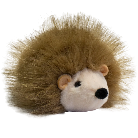 A plush hedgehog toy with a round, white face and soft, brown, spiky fur against a solid white background. The toy is cute and inviting.