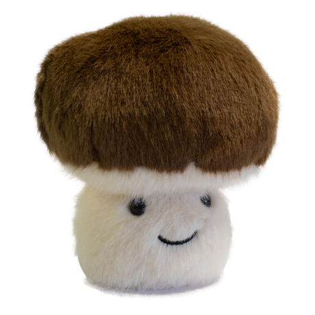 A plush toy shaped like a mushroom with a fluffy white stem and a round, brown cap. It has a smiling face, exuding a cute and cheerful vibe.