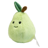 Cute plush toy shaped like a light green pear with a smiling face, black eyes, and a small brown stem and green leaf. Soft and cheerful appearance.